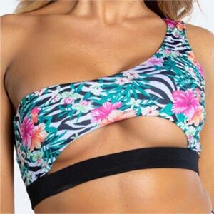 Yandy One Shoulder Tropical Mixed Print Zebra Cutout Bikini Top Size Medium NWT